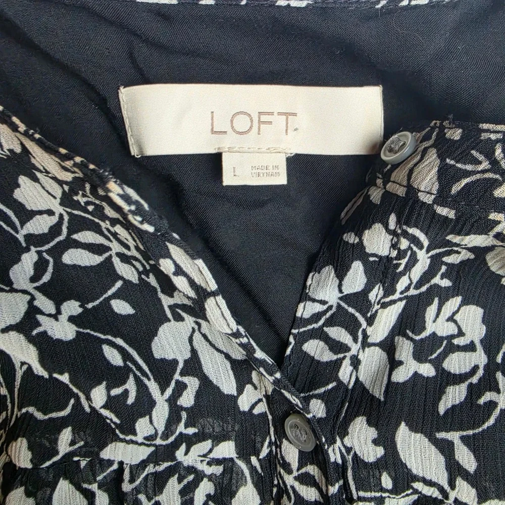 LOFT Black White Floral Ruffle Midi Dress 3/4 Sleeve Large